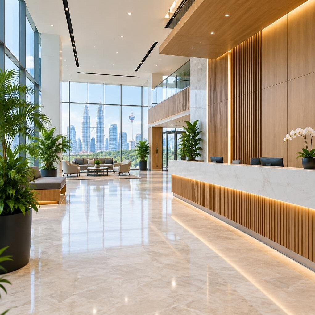 Bright modern business center lobby with reception area