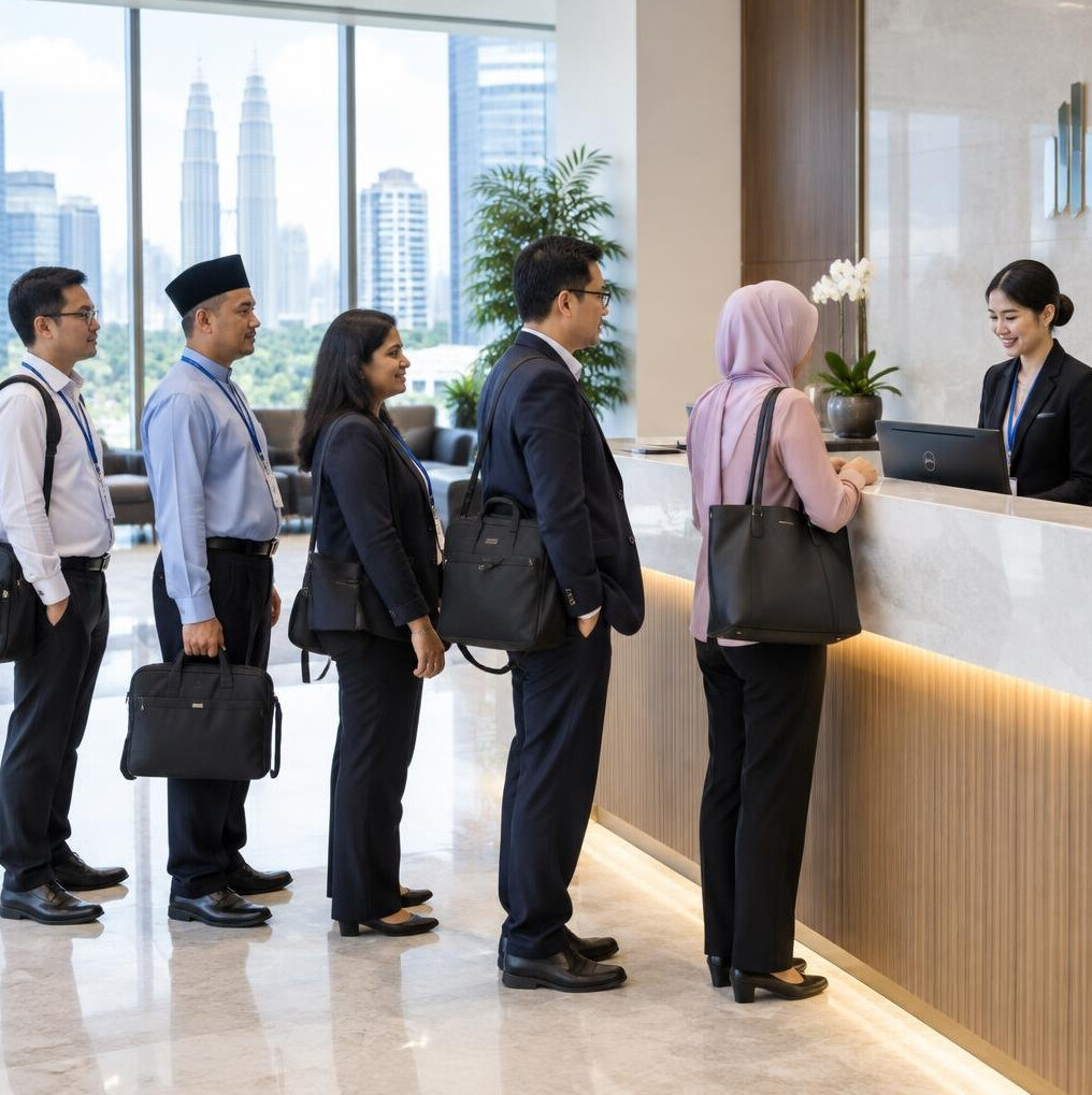 People queuing at the reception desk of a modern business center lobby