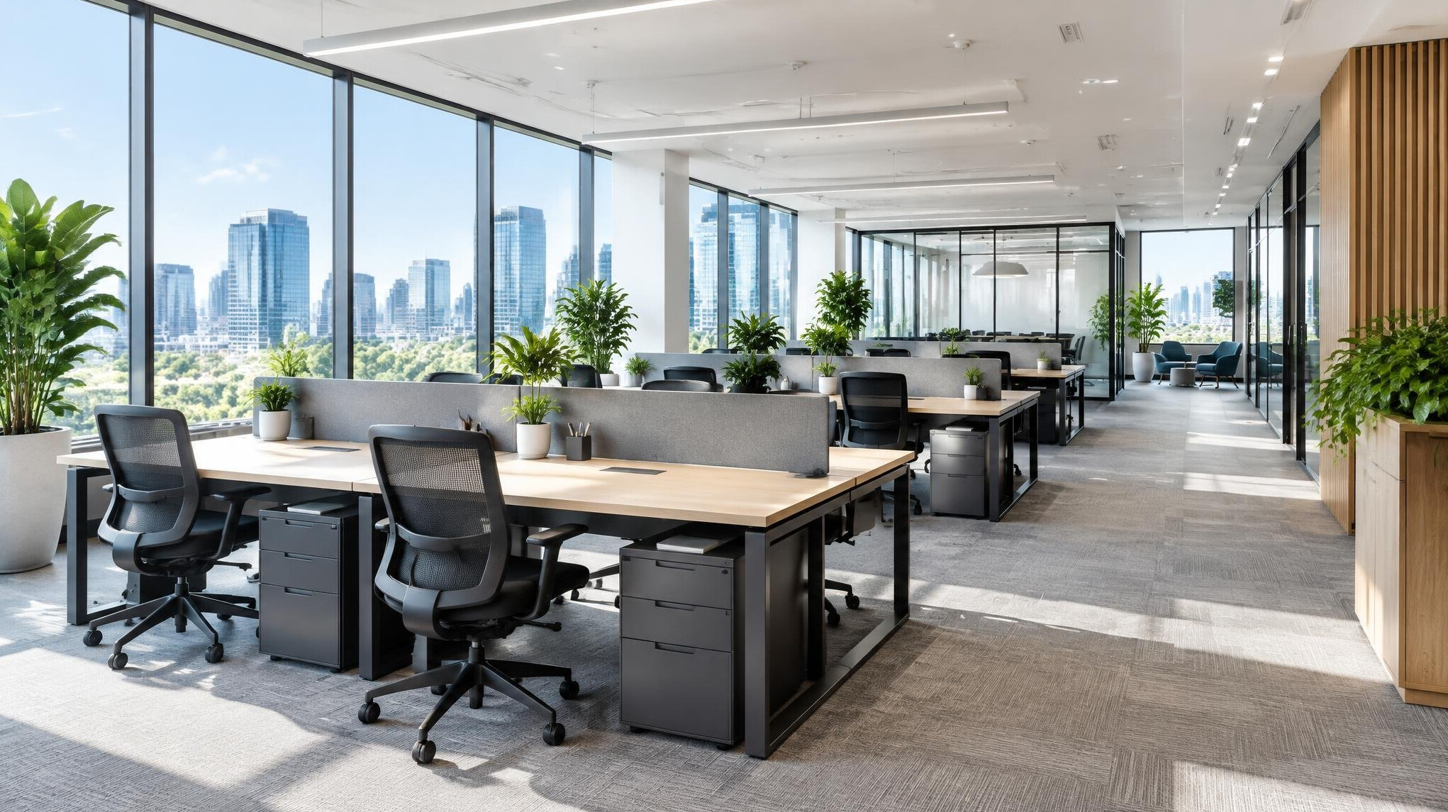 Bright open-plan office interior with desks and windows