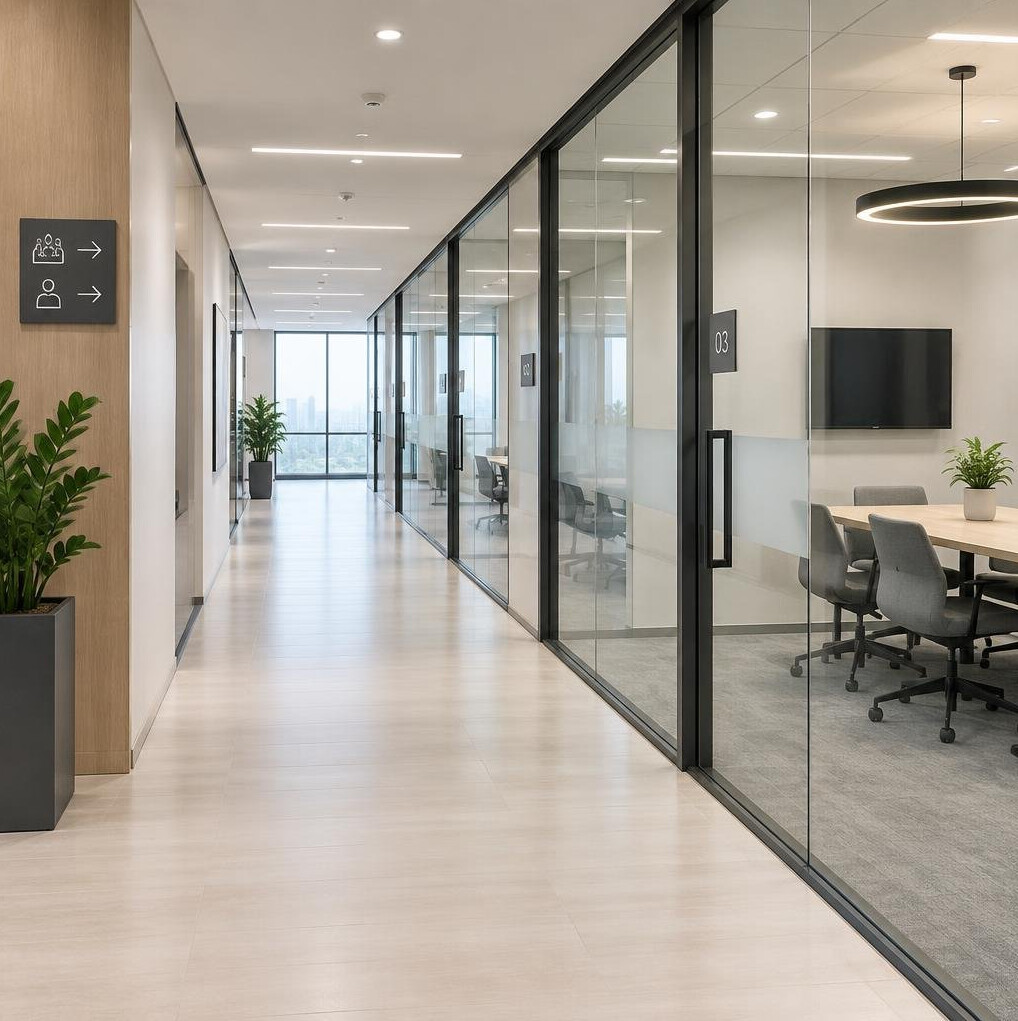 Quiet corridor with glass meeting rooms in a business center